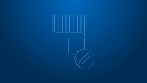 Línea blanca botella de medicina y pastillas icono aislado sobre fondo azul. Signo de la píldora. Diseño de farmacia. Animación gráfica de vídeo 4K — Vídeos de Stock