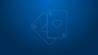 Beyaz çizgi mavi arkaplanda izole edilmiş kart simgesi çalıyor. Kumarhane kumarı. 4K Video hareketli grafik canlandırması