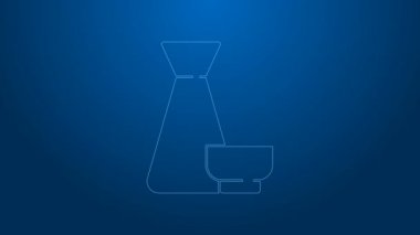 Beyaz çizgi geleneksel Çin çay töreni ikonu mavi arka planda izole edildi. Fincanlı çaydanlık. 4K Video hareketli grafik canlandırması