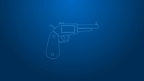 Witte lijn Revolver pistool pictogram geïsoleerd op blauwe achtergrond. 4K Video motion grafische animatie — Stockvideo