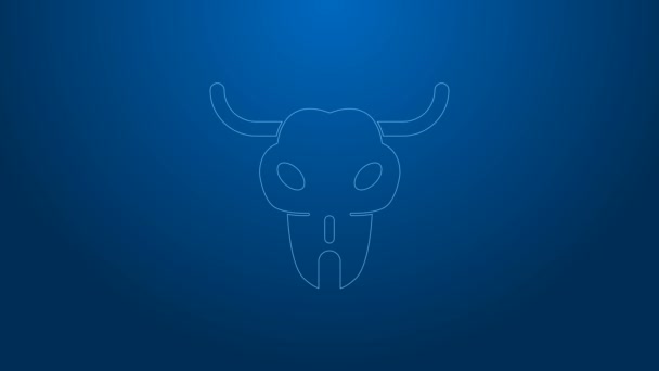 Biała linia Ikona czaszki Buffalo odizolowana na niebieskim tle. 4K Animacja graficzna ruchu wideo — Wideo stockowe