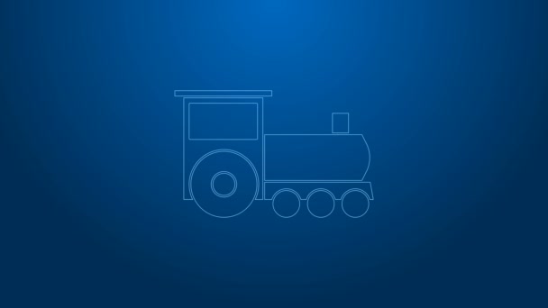 Λευκή γραμμή Retro τρένο εικονίδιο απομονώνονται σε μπλε φόντο. Σύμβολο δημόσιων συγκοινωνιών. 4K Γραφική κίνηση κίνησης βίντεο — Αρχείο Βίντεο