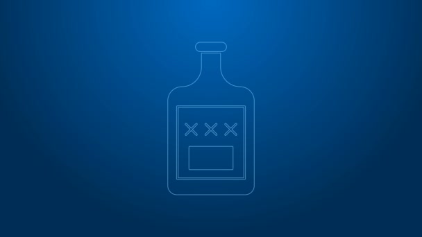 Bílá čára Whiskey láhev ikona izolované na modrém pozadí. Grafická animace pohybu videa 4K — Stock video