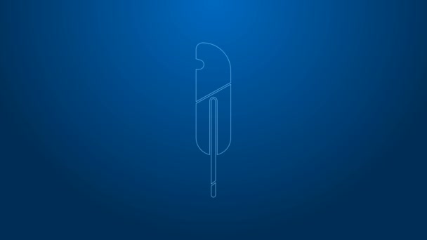 White line Feather pen icon isolated on blue background. 4K Video motion graphic animation — Stock Video