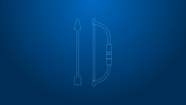 White line Bow and arrow in quiver icon isolated on blue background. 4K Video motion graphic animation — Stock Video