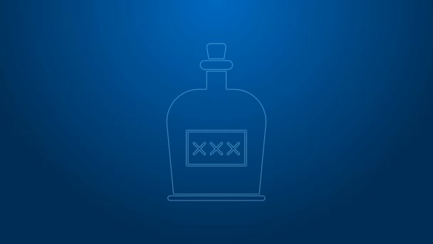 ホワイトラインアルコール飲料青色の背景に単離されたラムボトルアイコン。4Kビデオモーショングラフィックアニメーション — ストック動画
