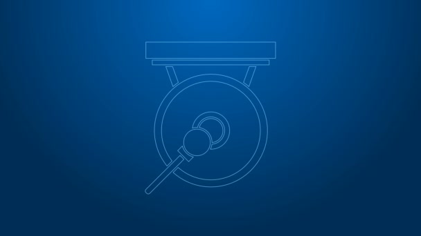 White line Gong musical percussion instrument circular metal disc and hammer icon isolated on blue background. 4K Video motion graphic animation — Stock Video