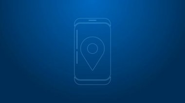 Uygulama dağıtım ikonuna sahip beyaz çizgi mobil akıllı telefon mavi arkaplanda izole edildi. Paket takibi. 4K Video hareketli grafik canlandırması