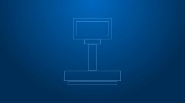 Mavi arkaplanda beyaz çizgi Ölçekleme simgesi izole edildi. Lojistik ve teslimat. Dağıtım paketinin ağırlığı bir ölçekte. 4K Video hareketli grafik canlandırması