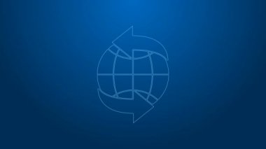 Beyaz çizgi dünya çapında bir simge mavi arkaplanda izole edildi. Yerküreye iğnele. 4K Video hareketli grafik canlandırması