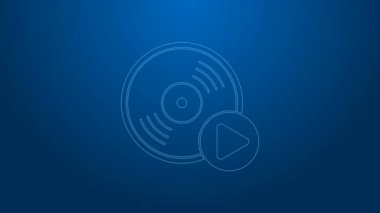 Beyaz çizgi Vinil disk simgesi mavi arkaplanda izole edildi. 4K Video hareketli grafik canlandırması