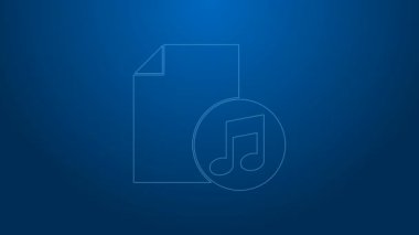 Mavi arkaplanda not simgesi olan beyaz çizgi müzik kitabı. Notalı nota kağıdı. Müzik notaları için not defteri. 4K Video hareketli grafik canlandırması