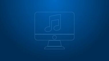 Ekran simgesinde nota sembolü olan beyaz çizgi bilgisayarı mavi arkaplanda izole edildi. 4K Video hareketli grafik canlandırması