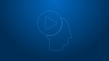 Oynatma düğmesi simgesi olan beyaz çizgi lideri insanlar mavi arkaplanda izole edildi. 4K Video hareketli grafik canlandırması