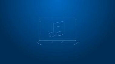Mavi arkaplanda izole edilmiş beyaz çizgi dizüstü bilgisayarında müzik notası sembolü var. 4K Video hareketli grafik canlandırması
