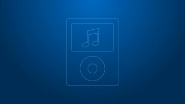 Beyaz çizgi müzik çalar simgesi mavi arkaplanda izole edildi. Taşınabilir müzik cihazı. 4K Video hareketli grafik canlandırması