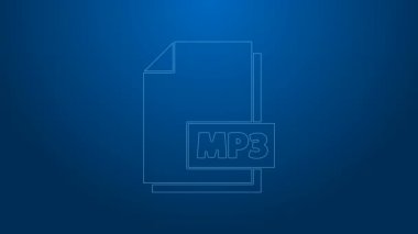 Beyaz çizgi MP3 dosya belgesi. MP3 düğmesi simgesi mavi arkaplanda izole edildi. Mp3 müzik format işareti. MP3 dosya sembolü. 4K Video hareketli grafik canlandırması