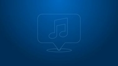 Beyaz çizgi müzik notası mavi arkaplanda izole edilmiş konuşma balonu simgesi. Müzik ve ses konsepti. 4K Video hareketli grafik canlandırması