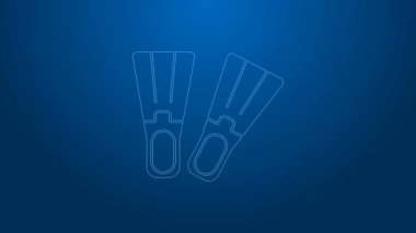 Yüzme ikonu için beyaz çizgili plastik yüzgeçler mavi arka planda izole edilmiş. Dalış ekipmanları. Olağanüstü bir spor. Spor malzemeleri. 4K Video hareketli grafik canlandırması