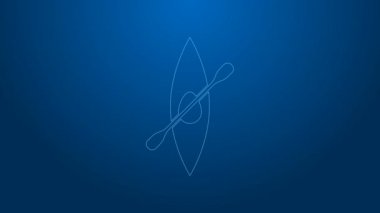 Mavi arka planda beyaz çizgi kano ve kürek ikonu izole edildi. Balıkçılık ve turizm için kano. Açık hava aktiviteleri. 4K Video hareketli grafik canlandırması