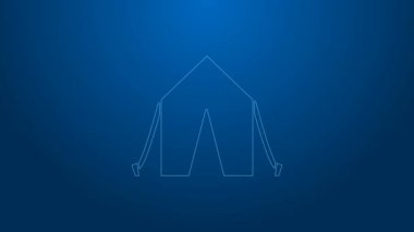 Mavi arka planda beyaz çizgi turist çadırı simgesi izole edildi. Kamp sembolü. 4K Video hareketli grafik canlandırması