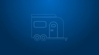 Mavi arka planda beyaz çizgi karavan kampı ikonu izole edildi. Gezici ev, karavan, yolculuk için ev karavanı. 4K Video hareketli grafik canlandırması