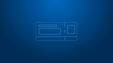 Beyaz çizgi seyahat bileti ikonu mavi arka planda izole edildi. Tren, gemi, uçak, tramvay, otobüs. Seyahat servisi konsepti. 4K Video hareketli grafik canlandırması