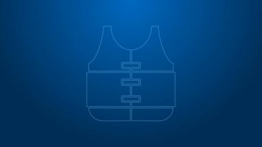 Mavi arka planda beyaz çizgili Can yeleği simgesi izole edildi. Can yeleği ikonu. Olağanüstü bir spor. Spor malzemeleri. 4K Video hareketli grafik canlandırması