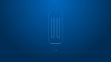 Beyaz çizgi dondurma ikonu mavi arkaplanda izole edilmiş. Güzel sembol. 4K Video hareketli grafik canlandırması