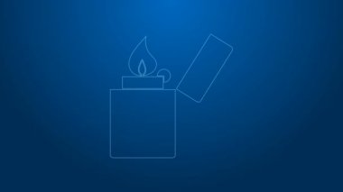 Mavi arkaplanda beyaz çizgi aydınlatma simgesi izole edildi. 4K Video hareketli grafik canlandırması