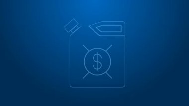 Motor makine yağı ikonu için beyaz çizgi kutusu mavi arkaplanda izole edildi. Benzin bidonu. Yağ değiştirme ve onarım servisi. Motor yağı işareti. 4K Video hareketli grafik canlandırması