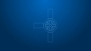 Beyaz çizgi endüstrisi metalik borular ve mavi arka planda izole edilmiş kapakçık simgesi. 4K Video hareketli grafik canlandırması