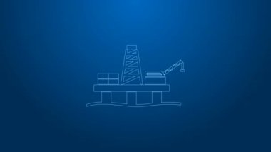 Deniz ikonundaki beyaz çizgi petrol platformu mavi arka planda izole edilmiş. Denizde sondaj kulesi. Petrol platformu, doğalgaz, deniz aşırı sanayi. 4K Video hareketli grafik canlandırması
