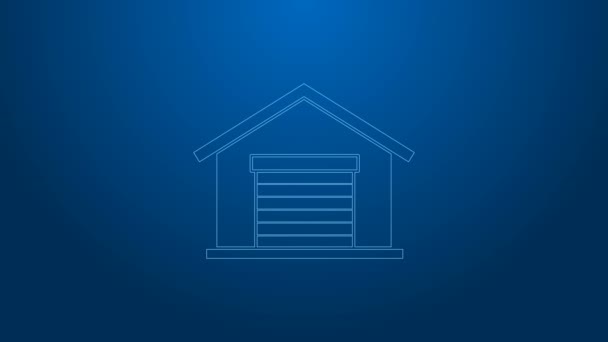 화이트 라인 웨어 하우스 아이콘은 파란색 배경에 분리되어 있습니다. 4K 비디오 모션 그래픽 애니메이션 — 비디오