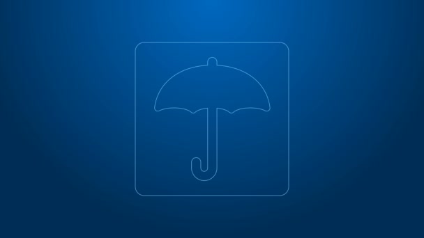 Vit linje Umbrella ikon isolerad på blå bakgrund. Vattentät ikon. Skydd, säkerhet, säkerhetskoncept. Vattentät symbol. 4K Video motion grafisk animation — Stockvideo