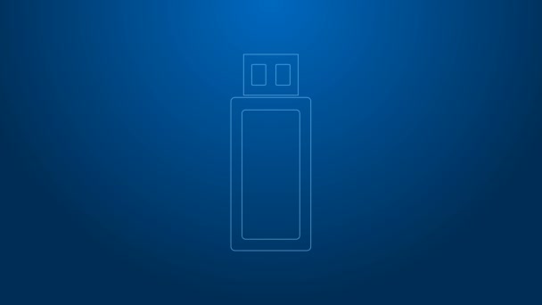 Icono de unidad flash USB de línea blanca aislado sobre fondo azul. Animación gráfica de vídeo 4K — Vídeo de stock