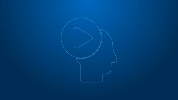 Біла лінія Голова людей з піктограмою кнопки відтворення ізольовані на синьому фоні. 4K Відео рух графічна анімація — стокове відео