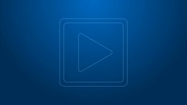 Weiße Linie Play in quadratischen Symbol isoliert auf blauem Hintergrund. 4K Video Motion Grafik Animation — Stockvideo