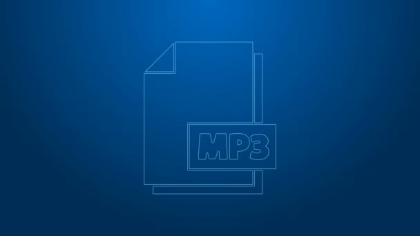 Документ MP3 белой строки. Иконка кнопки mp3 выделена на синем фоне. Знак музыкального формата Mp3. Символ MP3 файла. Видеографическая анимация 4K — стоковое видео