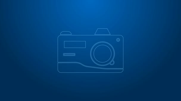 Línea blanca Icono de la cámara fotográfica aislado sobre fondo azul. Icono de cámara fotográfica. Animación gráfica de vídeo 4K — Vídeos de Stock