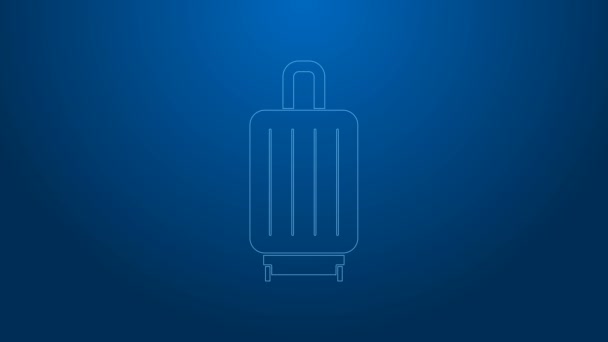 Maleta de línea blanca para icono de viaje aislado sobre fondo azul. Señal de equipaje de viaje. Icono de equipaje de viaje. Animación gráfica de vídeo 4K — Vídeos de Stock