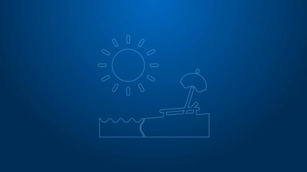 Linea Bianca Spiaggia con ombrellone e icona della sedia isolata su sfondo blu. Paesaggio tropicale sulla spiaggia. Buona giornata di sole. Animazione grafica 4K Video motion — Video Stock