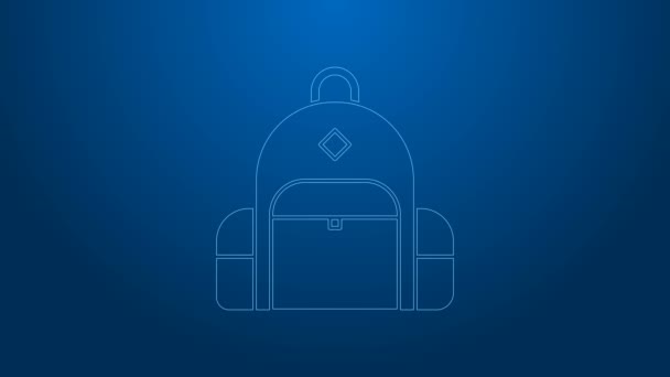 Bílá čára Turistika batoh ikona izolované na modrém pozadí. Táboření a poznávání hor batohem. Grafická animace pohybu videa 4K — Stock video