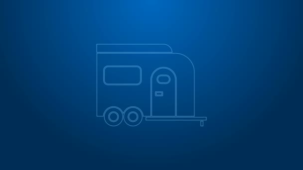 White line Rv Camping trailer icon isolated on blue background. Travel mobile home, caravan, home camper for travel. 4K Video motion graphic animation — Stock Video