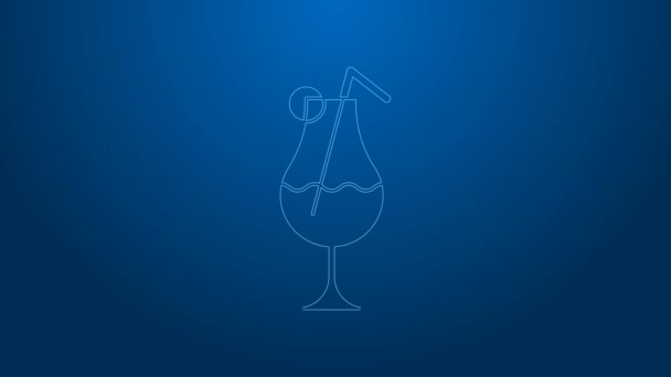 Белая линия Коктейль и алкогольный напиток значок изолированы на синем фоне. Видеографическая анимация 4K — стоковое видео