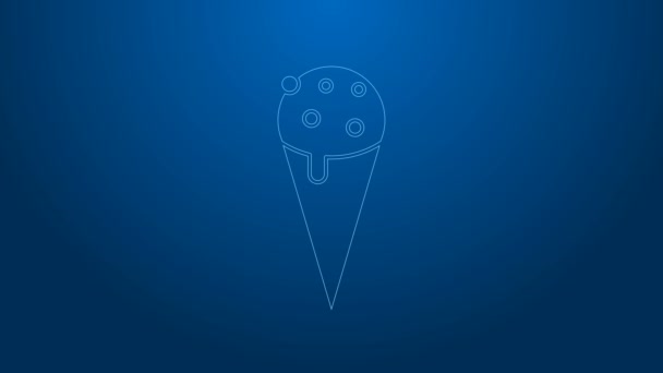 White line Ice cream in waffle cone icon isolated on blue background. Sweet symbol. 4K Video motion graphic animation — Stock Video