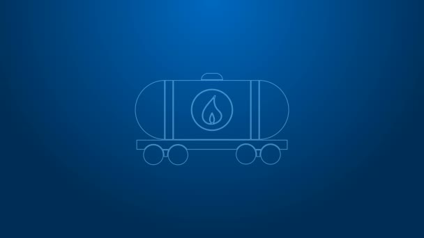White line Oil railway cistern icon isolated on blue background. Train oil tank on railway car. Rail freight. Oil industry. 4K Video motion graphic animation — Stock Video