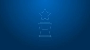 Beyaz çizgi ödüllü kupa ikonu mavi arkaplanda izole edilmiş. Galibiyet ödülü sembolü. Şampiyonluk ya da yarışma kupası. Spor başarısı işareti. 4K Video hareketli grafik canlandırması