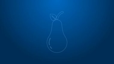 Beyaz çizgi Pear simgesi mavi arkaplanda izole edildi. Yaprak sembollü meyve. 4K Video hareketli grafik canlandırması