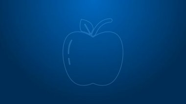 Apple 'ın beyaz çizgi simgesi mavi arkaplanda izole edildi. Yaprak sembollü meyve. 4K Video hareketli grafik canlandırması